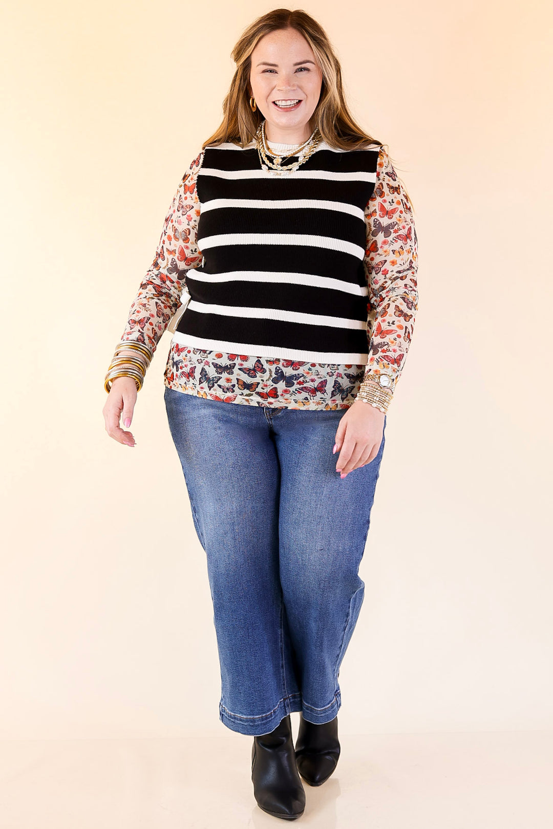 Tied Up in Style Knit Sweater with Side Ties in Black with Off White Stripes