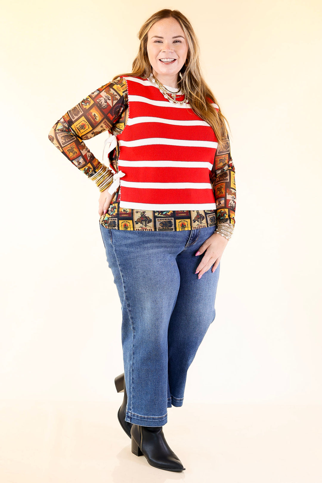 Tied Up in Style Knit Sweater with Side Ties in Red with Off White Stripes