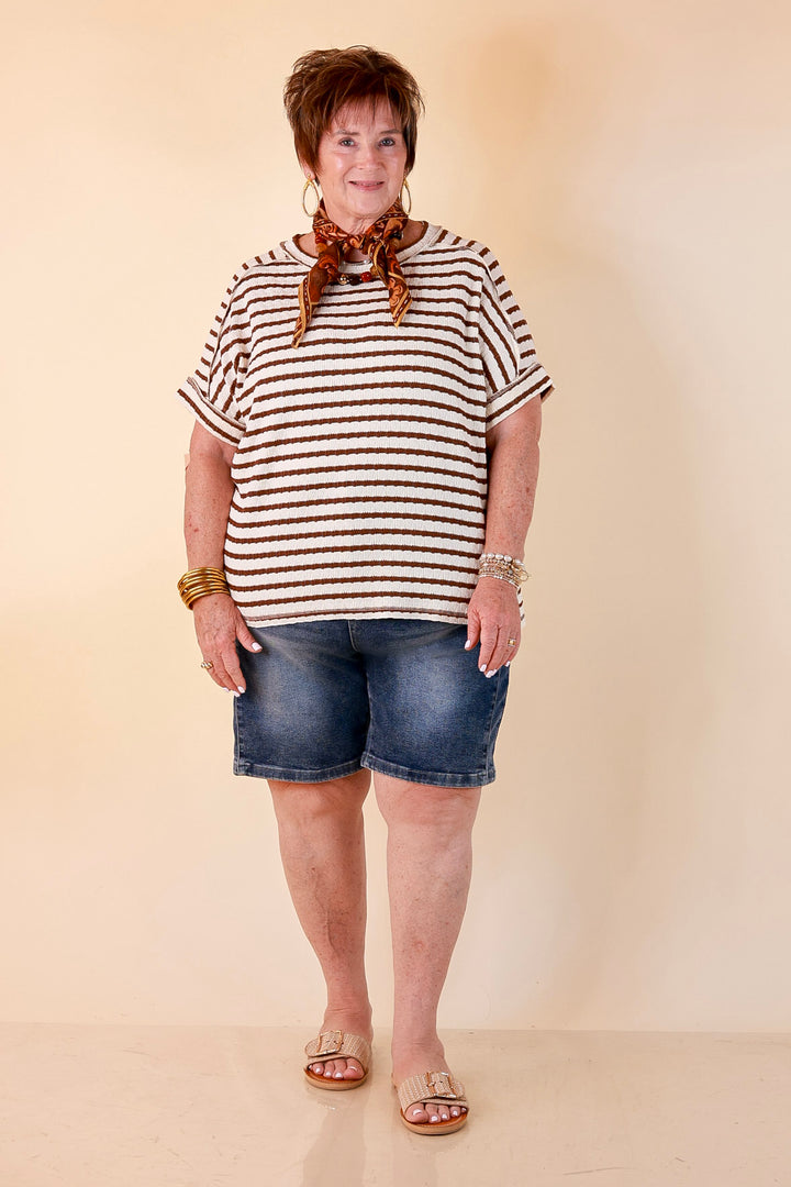 On The Daily Scoop Neck Short Sleeve Striped Textured Top in Chocolate Brown