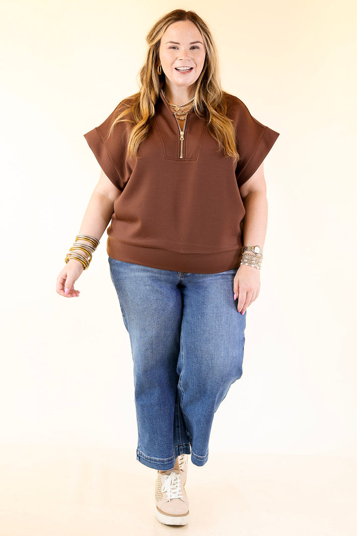 Top Priority Half Zip Collared Scuba Top in Chocolate Brown