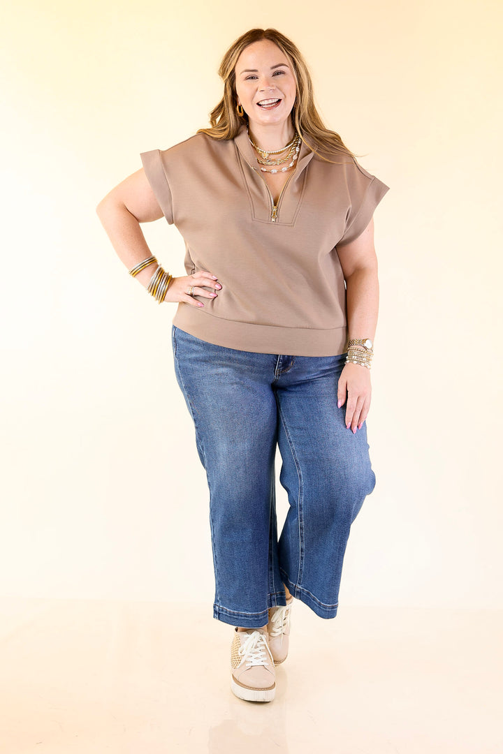 Top Priority Half Zip Collared Scuba Top in Light Taupe