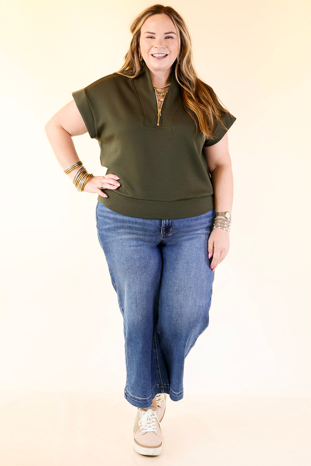 Top Priority Half Zip Collared Scuba Top in Olive Green