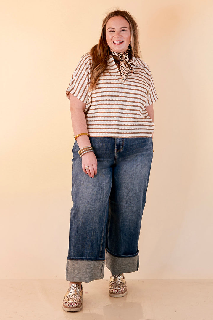 Simply Said Striped Drop Shoulder Collared Cropped Top in Ivory with Camel Brown Stripes