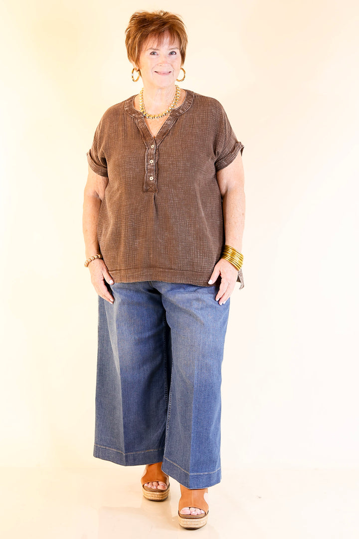 Simple Statement Quarter Button Up Short Drop Sleeve Shirt in Brown