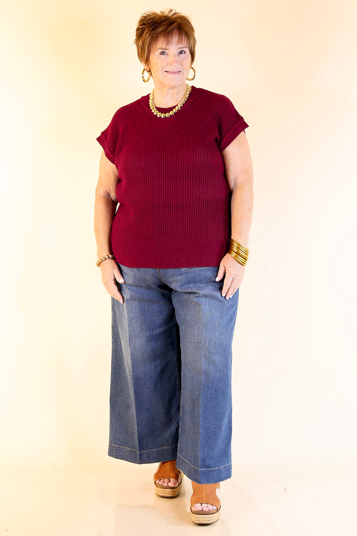 Style Refresh Drop Shoulder Short Sleeve Knit Sweater Top in Maroon