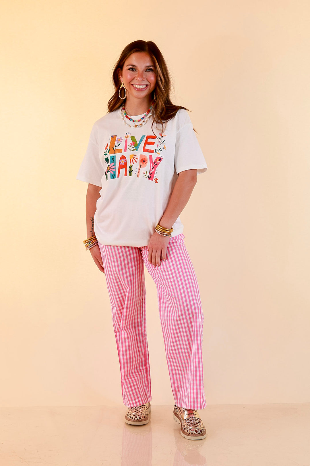 Happiness on Repeat "Live Happy" Floral Print Short Sleeve Graphic Tee in White