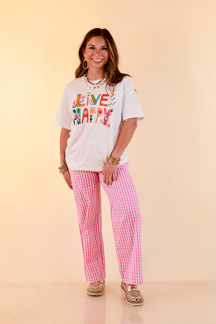 Happiness on Repeat "Live Happy" Floral Print Short Sleeve Graphic Tee in White