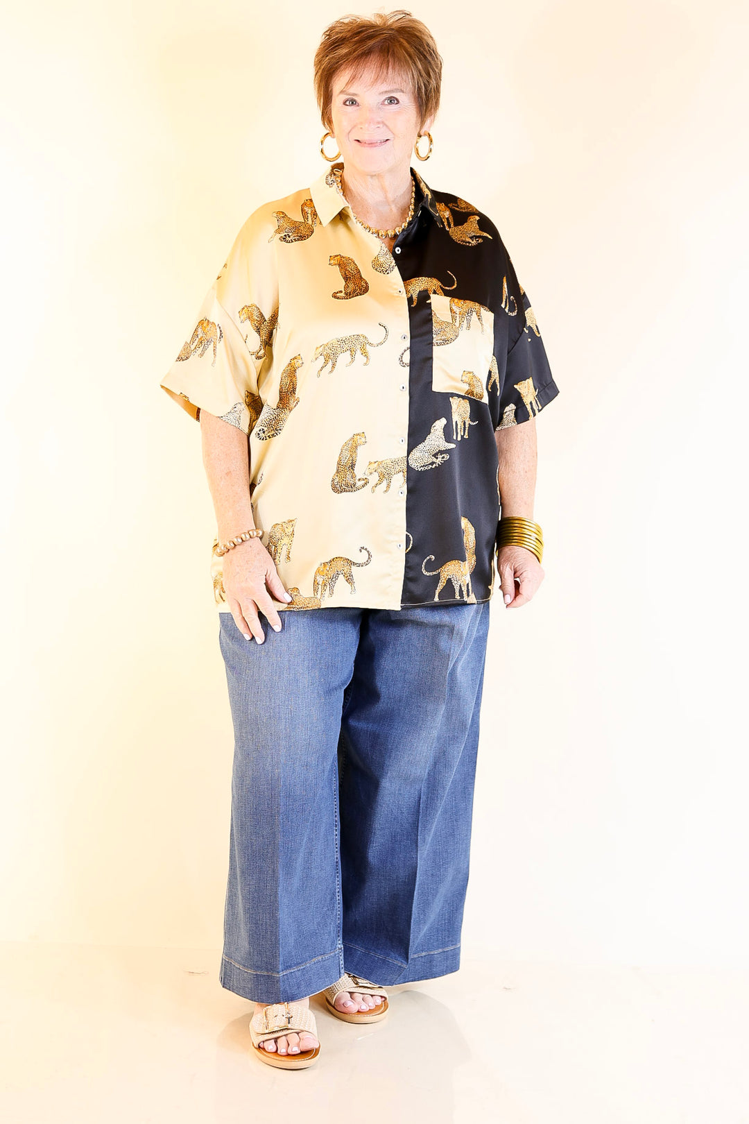 All Eyes On Me Button Up Cheetah Print Blouse Top in Black and Gold