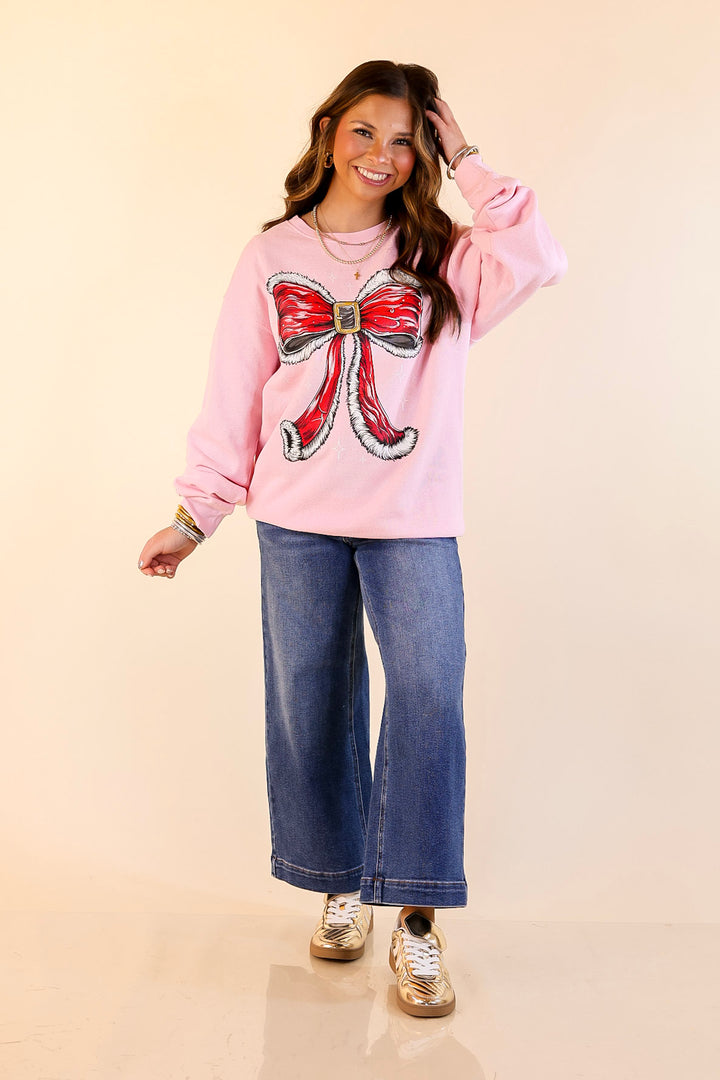 Simply Southern | Wrapped in Joy Santa's Suit Bow Graphic Crewneck Sweatshirt in Tutu Pink