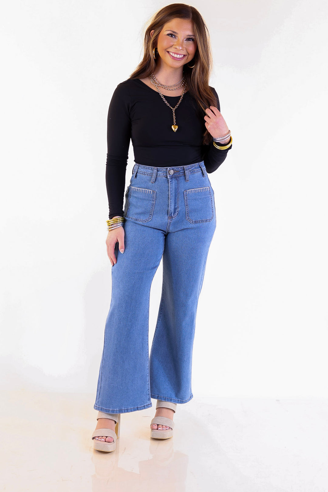 Patch Me In Denim Wide Leg Cropped Jean with Front Patch Pocket and Crochet Trim in Medium Wash