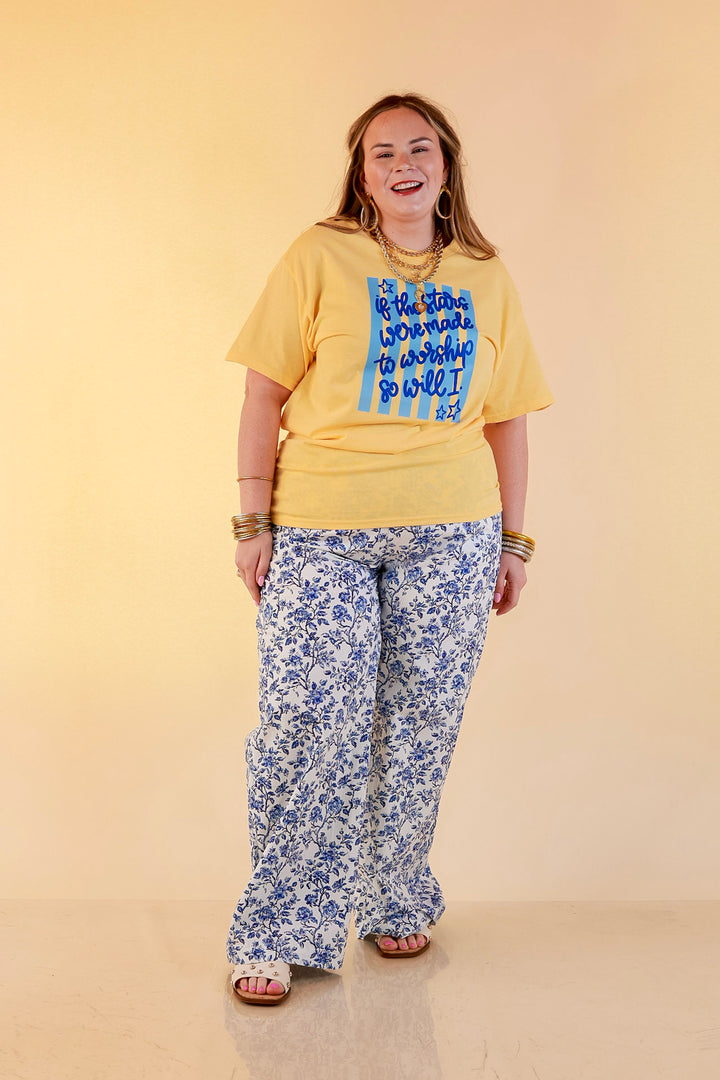 If The Stars Were Made to Worship So Will I Stripe Print Short Sleeve Graphic Tee in Butter Yellow