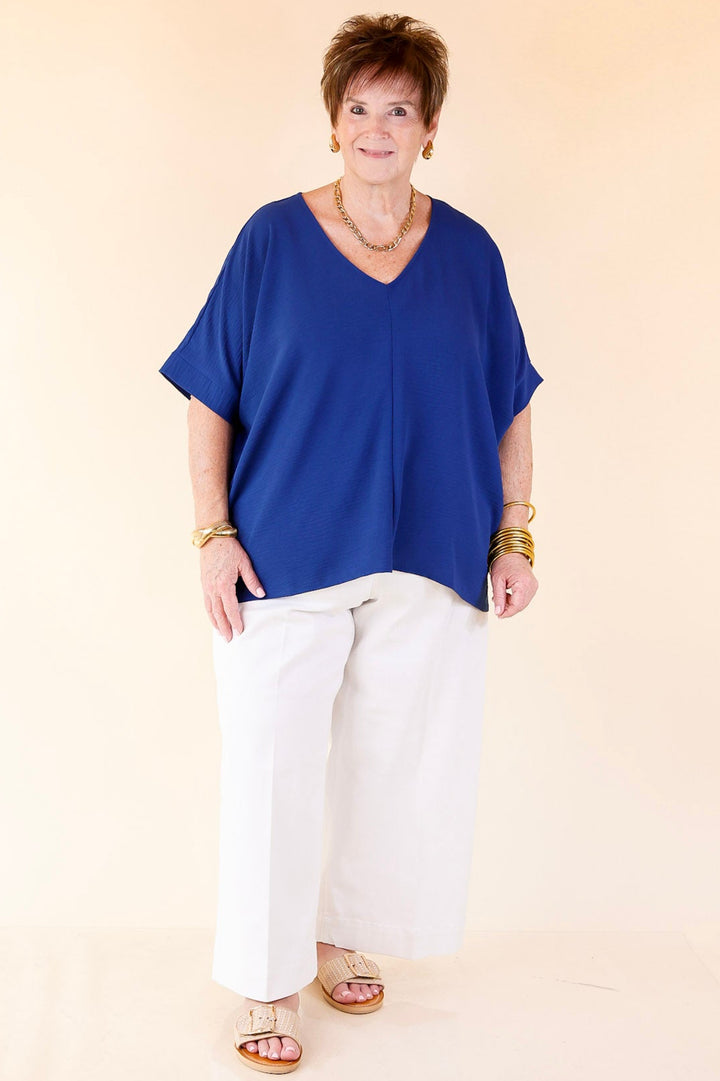 Classically Chic Short Sleeve V Neck Top in Navy