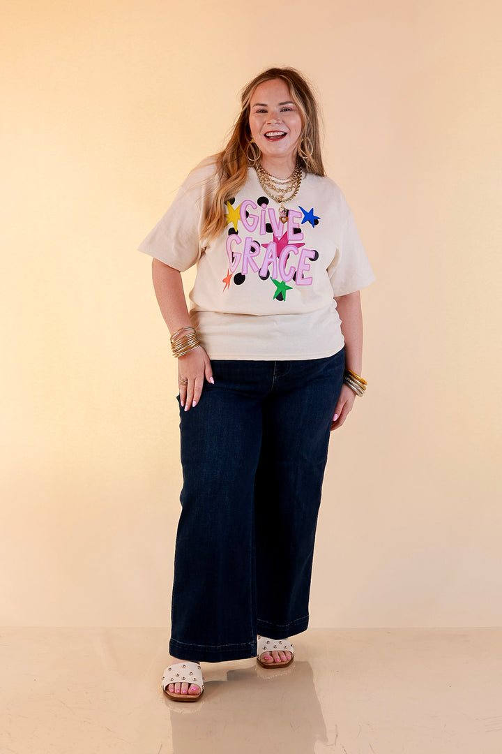 Grace Upon Grace "Give Grace" Distressed Polka Dot and Star Print Short Sleeve Graphic Tee in Natural