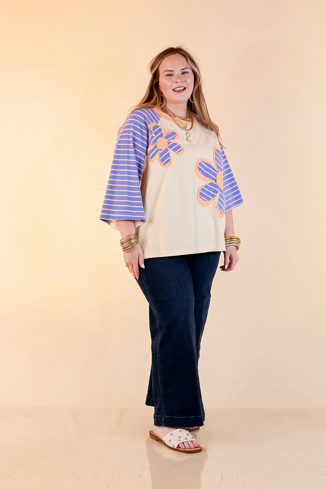 Bloom in Color Floral and Stripe Print Relaxed Short Sleeve Top with Contrast Sleeves in Cream