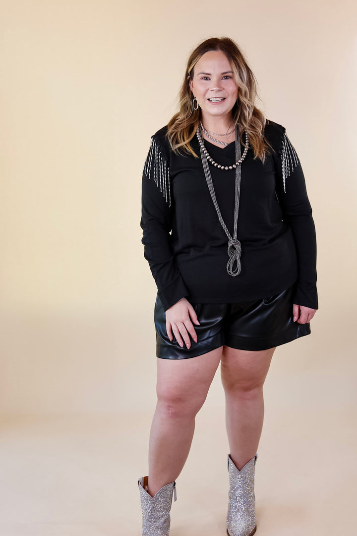 Party Dreams Long Sleeve V Neck Top with Crystal Fringe Shoulders in Black - Giddy Up Glamour Boutique