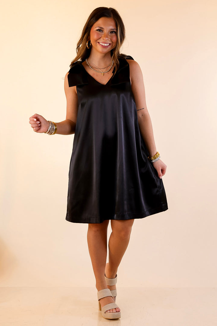 Satin Soirée V Neck Mini Dress with Bow Strap Detailing in Black