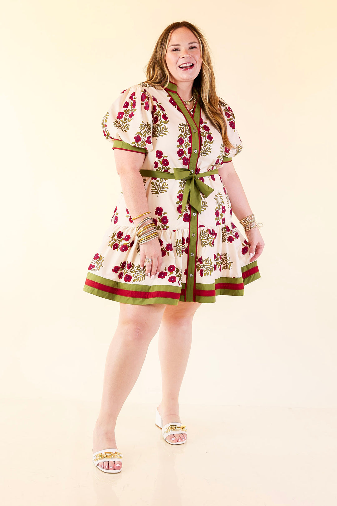 Garden Party Floral Dress with Dropped Skirt and Olive and Maroon Trim in Cream