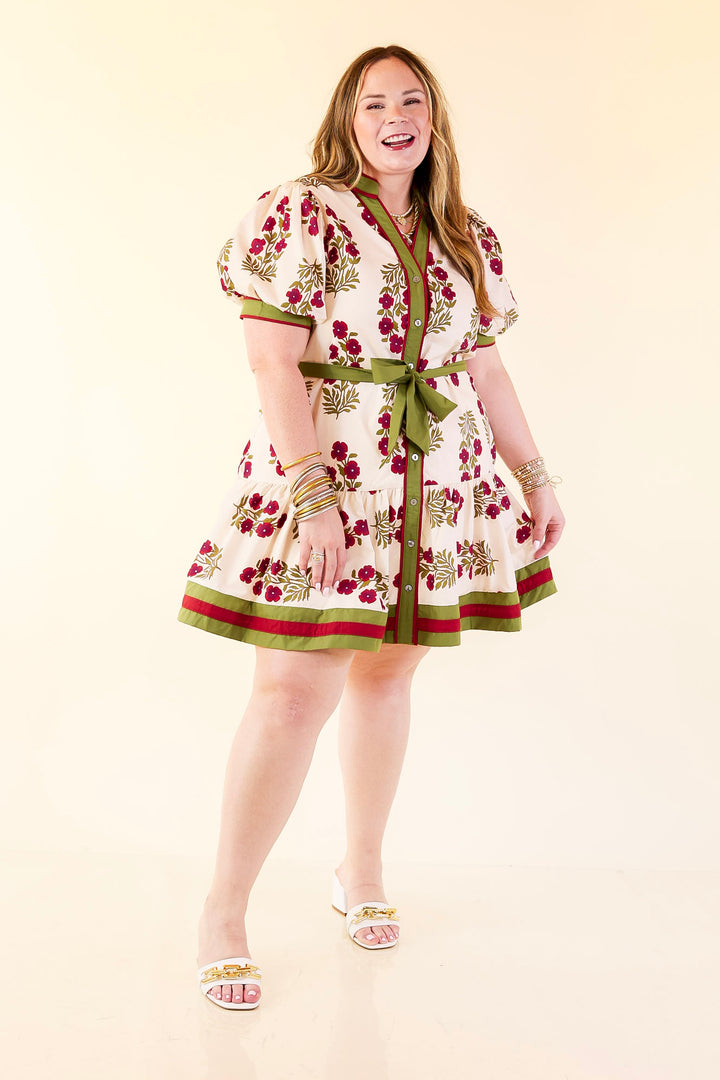 Garden Party Floral Dress with Dropped Skirt and Olive and Maroon Trim in Cream
