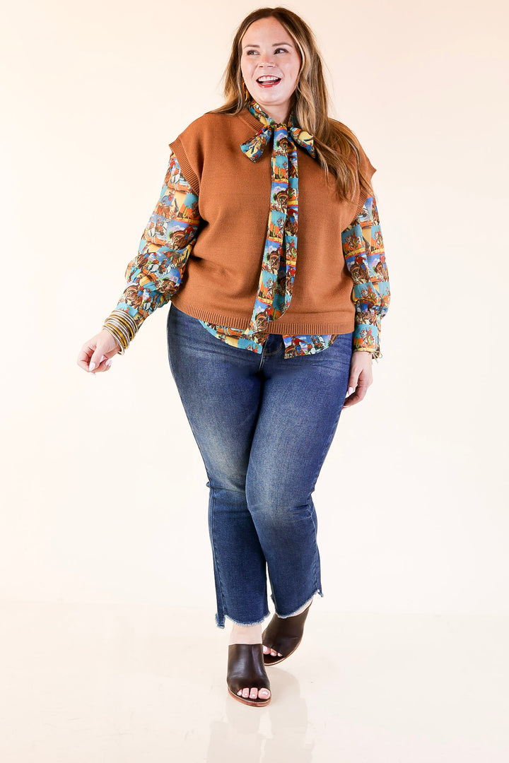 Wild at Heart Bowtie Button Up Collared Mesh Blouse Top with Cowboy Pop Art Print in Blue