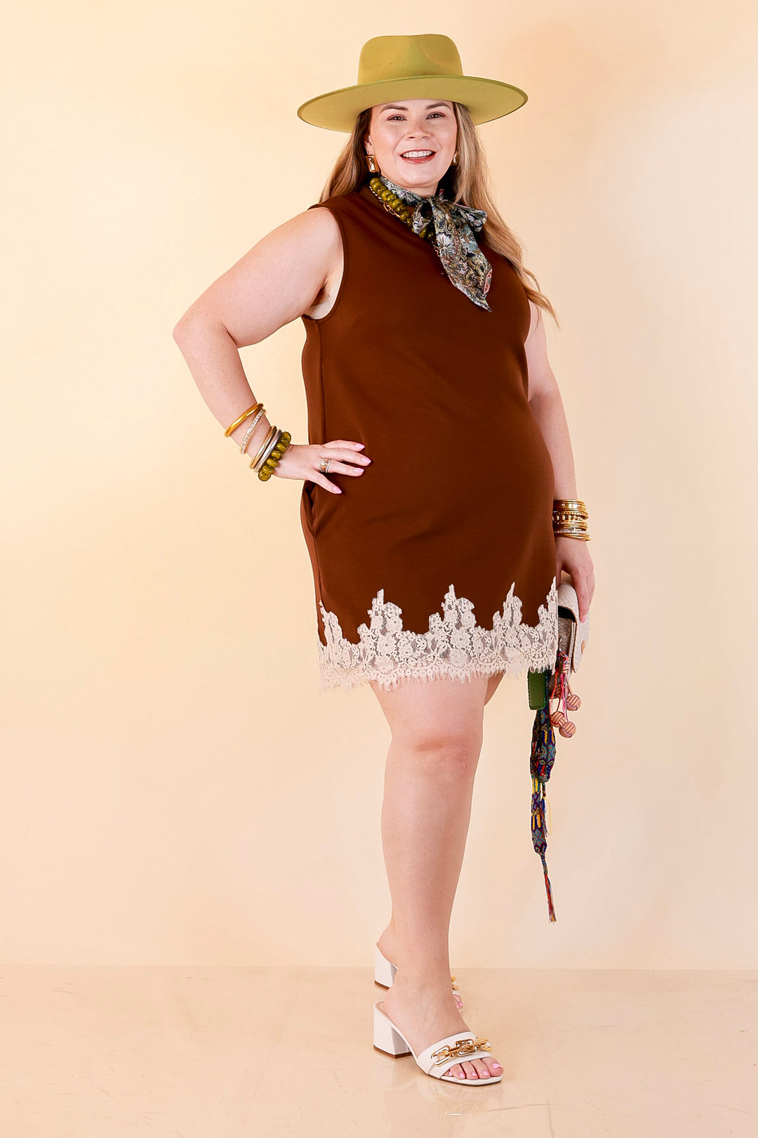 Just a Little Something Sleeveless Knit Mini Dress with Lace Trim in Chocolate Brown