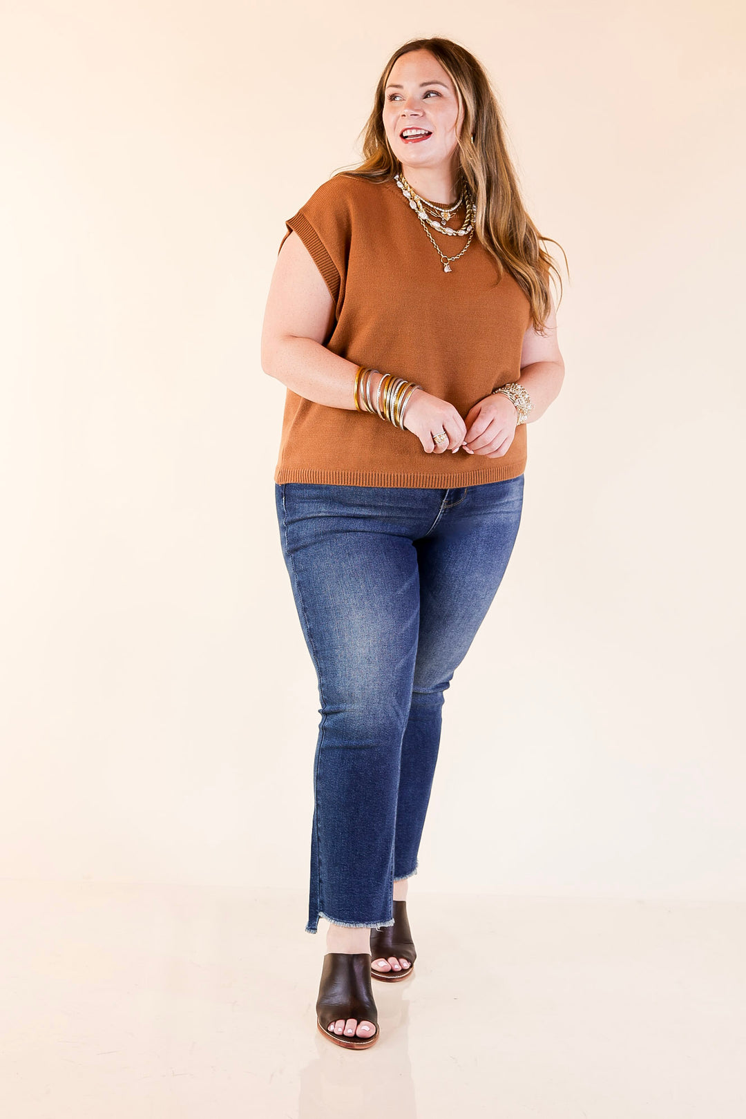 Effortlessly Yours Short Sleeve Crew Neck Sweater in Camel Brown