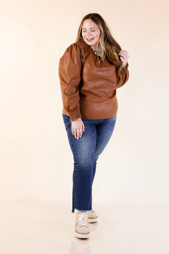 Mud Pie | Putnam Faux Leather Long Sleeve Top with Smocked Cuffs in Tan Brown
