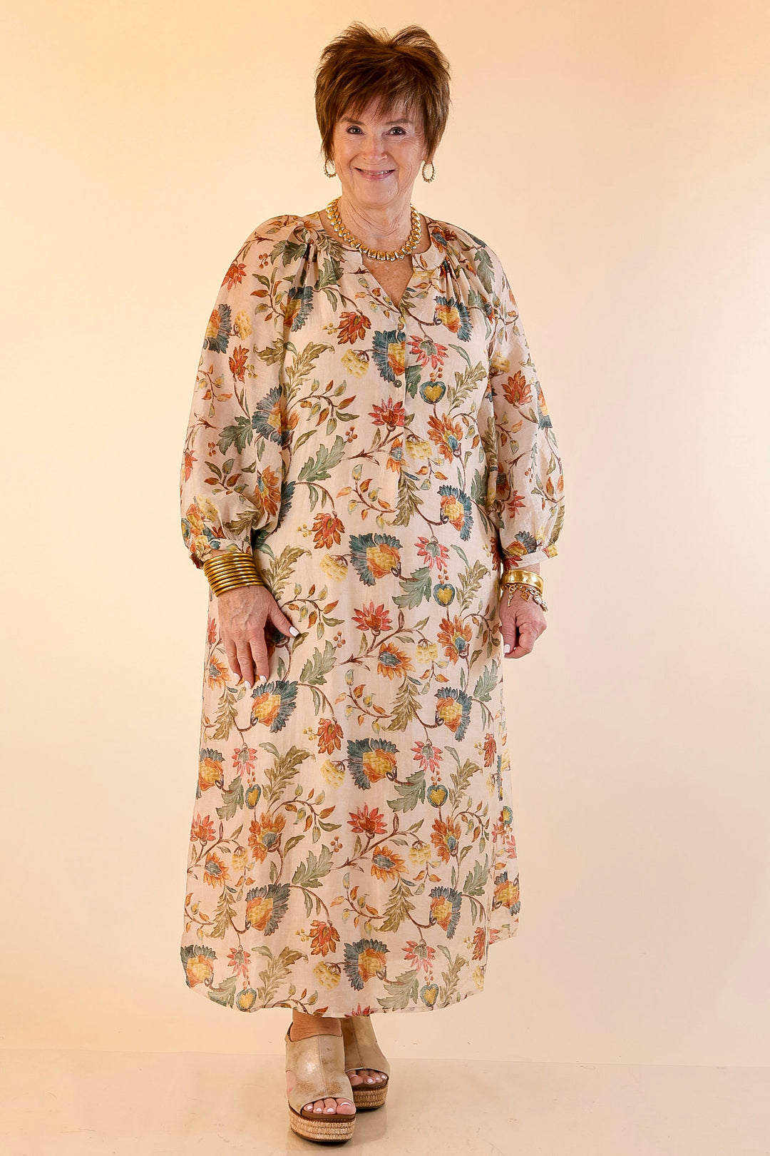 Charming Impression Floral Print Maxi Dress with Long Sleeves in Cream, Olive, Teal and Rust