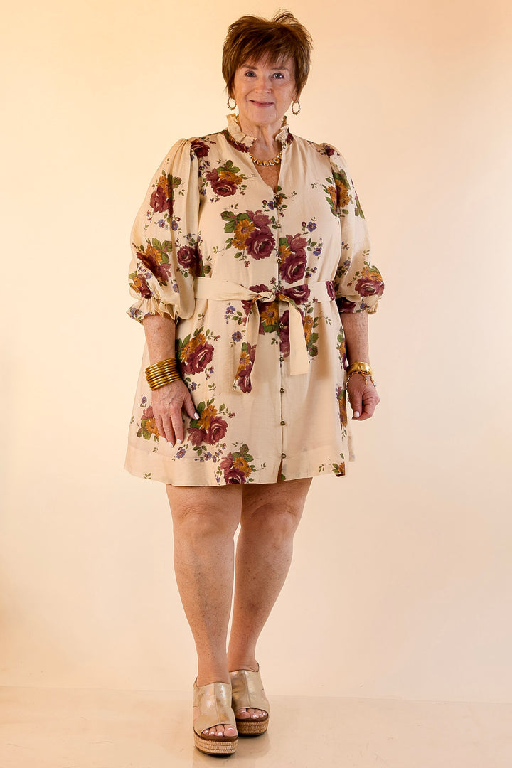 Garden Stroll Floral Dress with A-Line Skirt and and Belt in Vanilla Cream