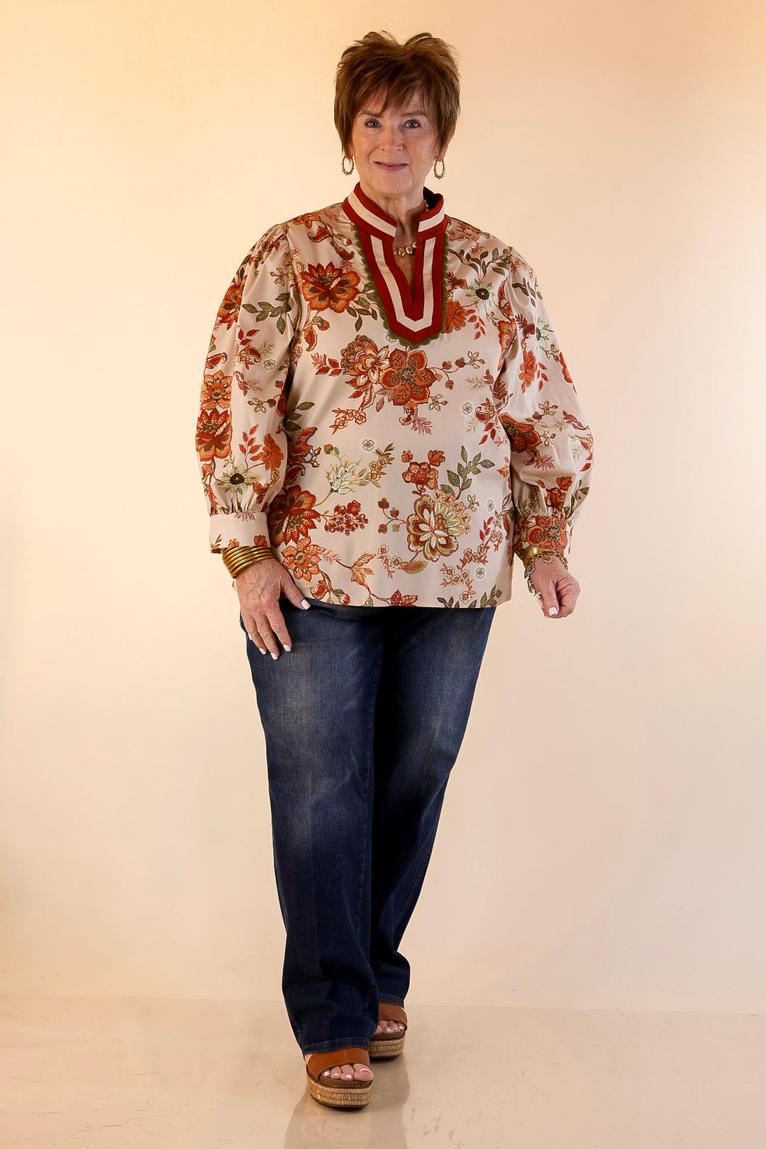 Autumn Allure Floral Long Sleeve Top with Contrast Trim in Rust Orange