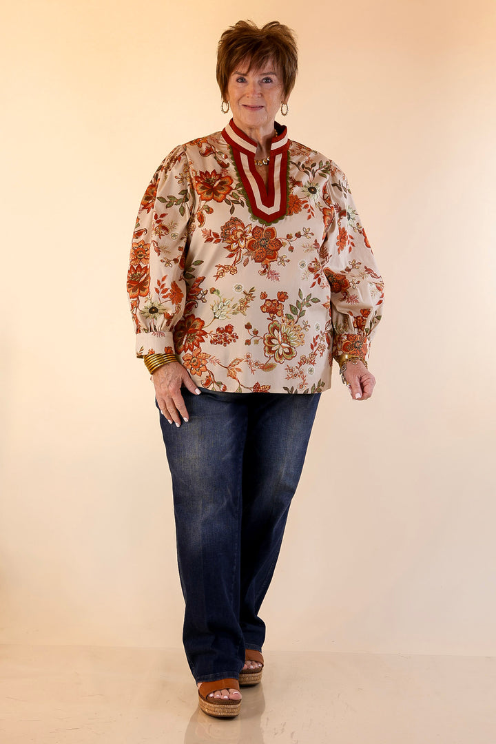 Autumn Allure Floral Long Sleeve Top with Contrast Trim in Rust Orange