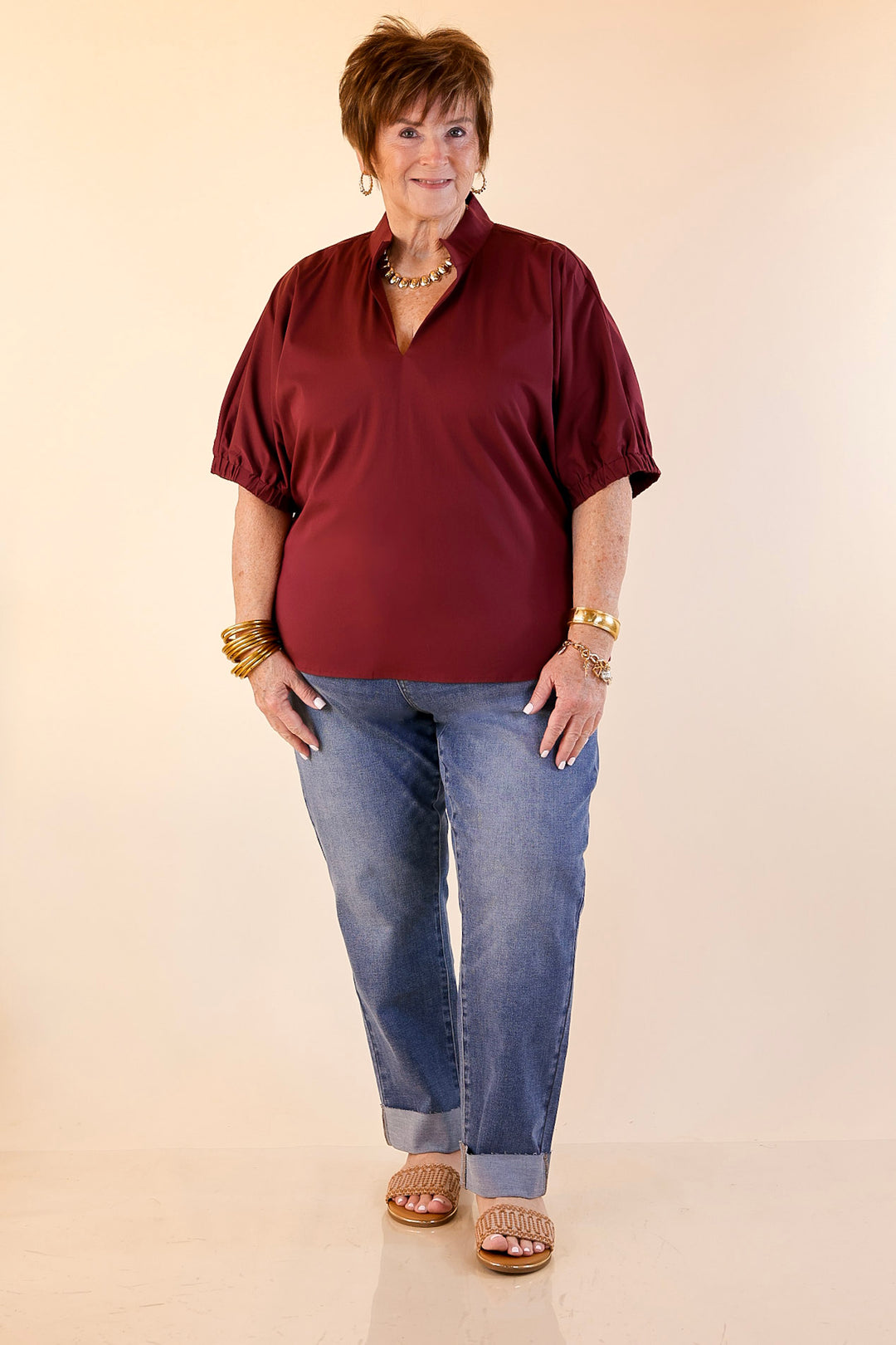 Elevated Basic V-Neck Blouse With Drop Shoulder in Maroon