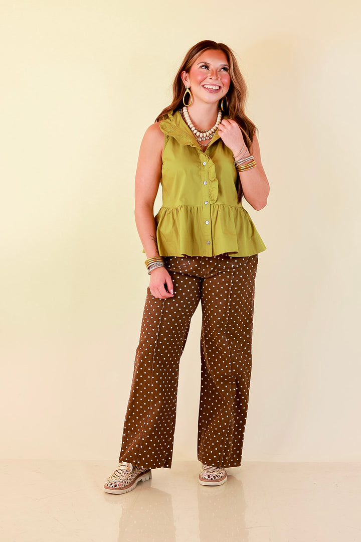 Poised &amp; Polished Sleeveless Ruffle Neck Button Front Peplum Top in Chartreuse Olive Green