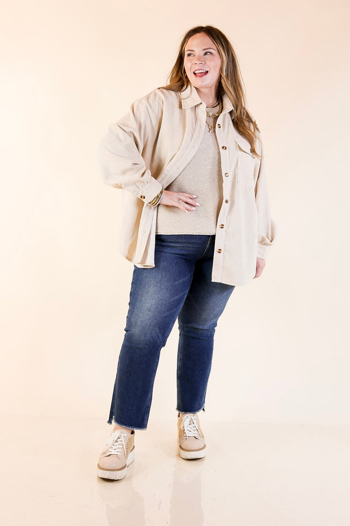 Latte Sips Button Up Corduroy Shacket in Cream