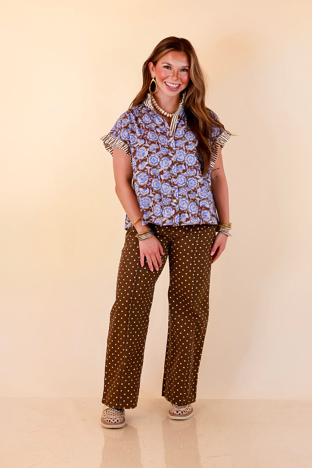 Effortless Grace Floral Print Flutter Stripe Sleeve and Ruffle Collar Detailing Blouse in Brown and Periwinkle Blue
