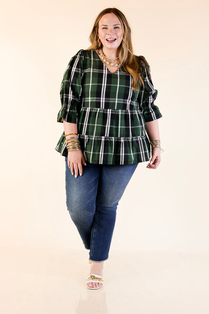 Mud Pie | Ashford Plaid Babydoll Top with Ruffle Hem and 3/4 Balloon Sleeves in Green