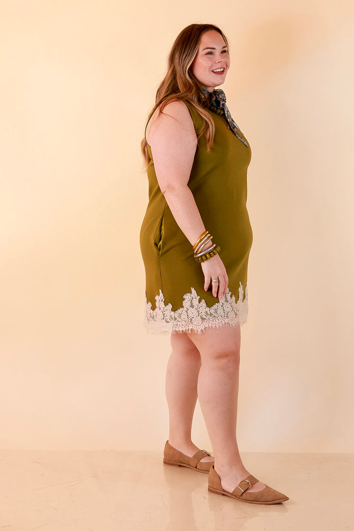 Just a Little Something Sleeveless Knit Mini Dress with Lace Trim in Chartreuse Olive Green