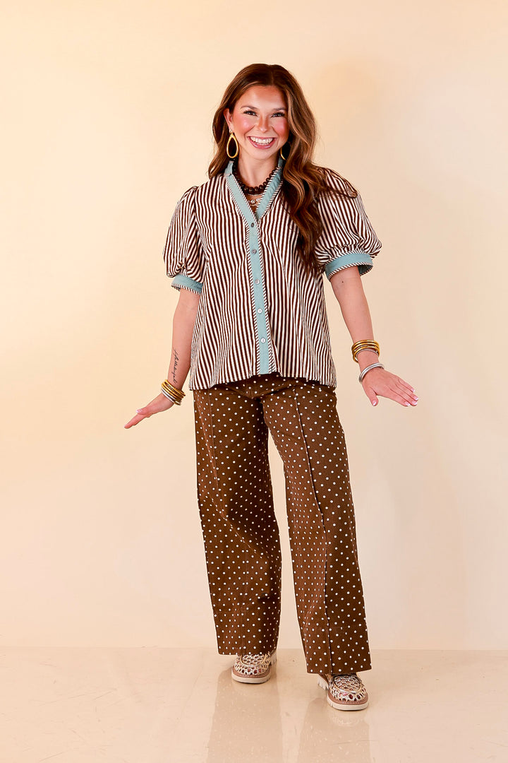 Pop of Polish Short Puff Sleeve Button Front Top with Contrast Trim in White, Chocolate Brown and Blue