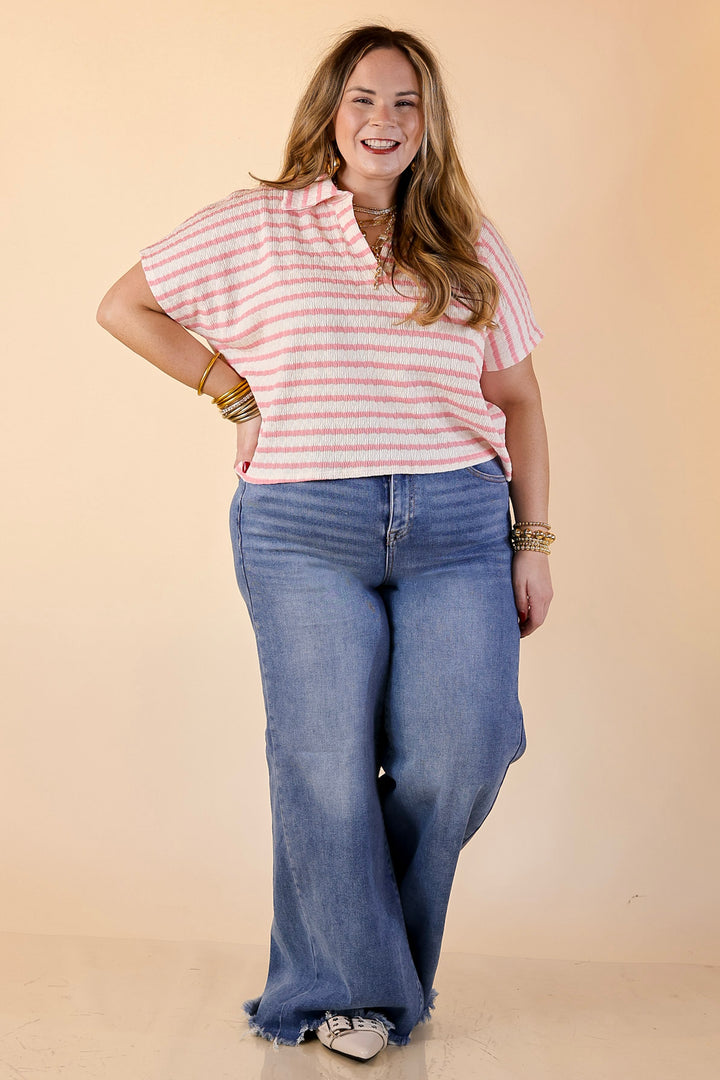 Simply Said Striped Drop Shoulder Collared Cropped Top in Ivory with Pink Stripes