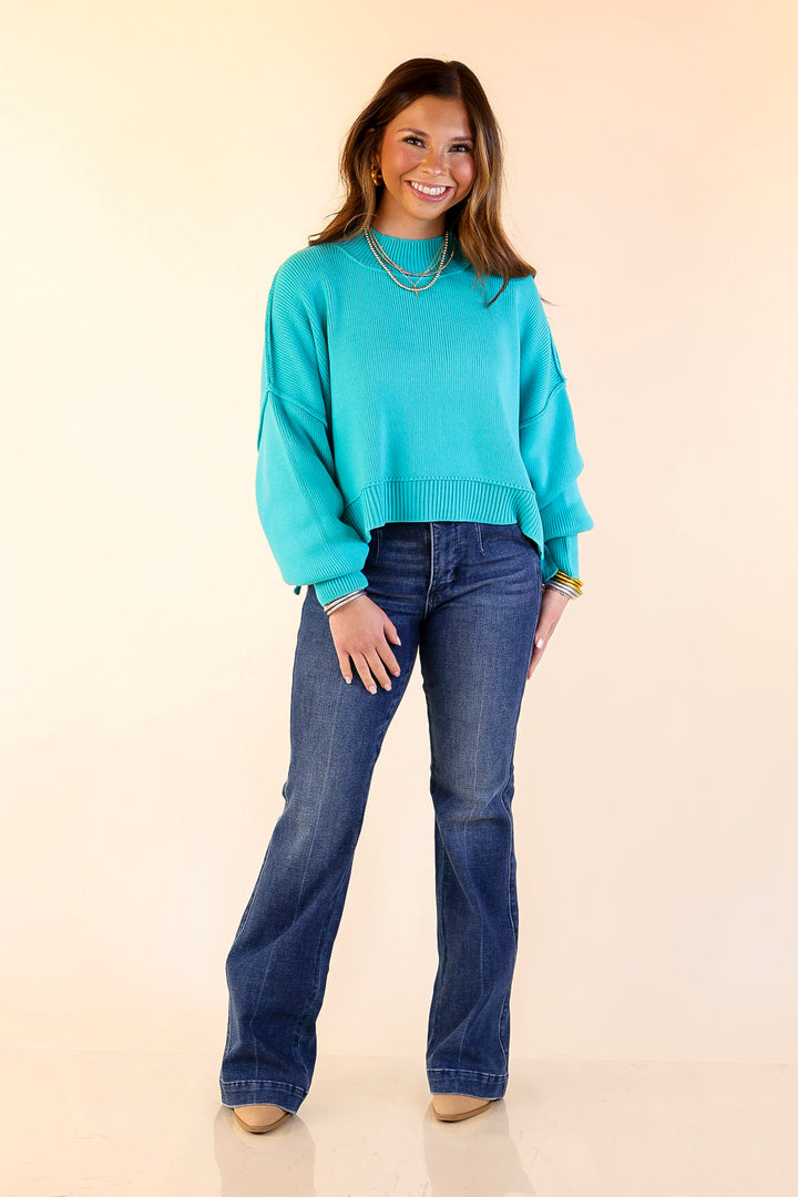 Fireside Fit Cropped Long Sleeve Mock Neck Sweater in Turquoise Blue