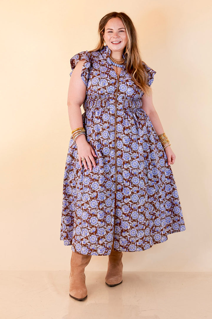 Modern Grace Zip Front Midi Floral Print Dress with Smocked Waist and Short Flutter Sleeves in Brown and Periwinkle Blue