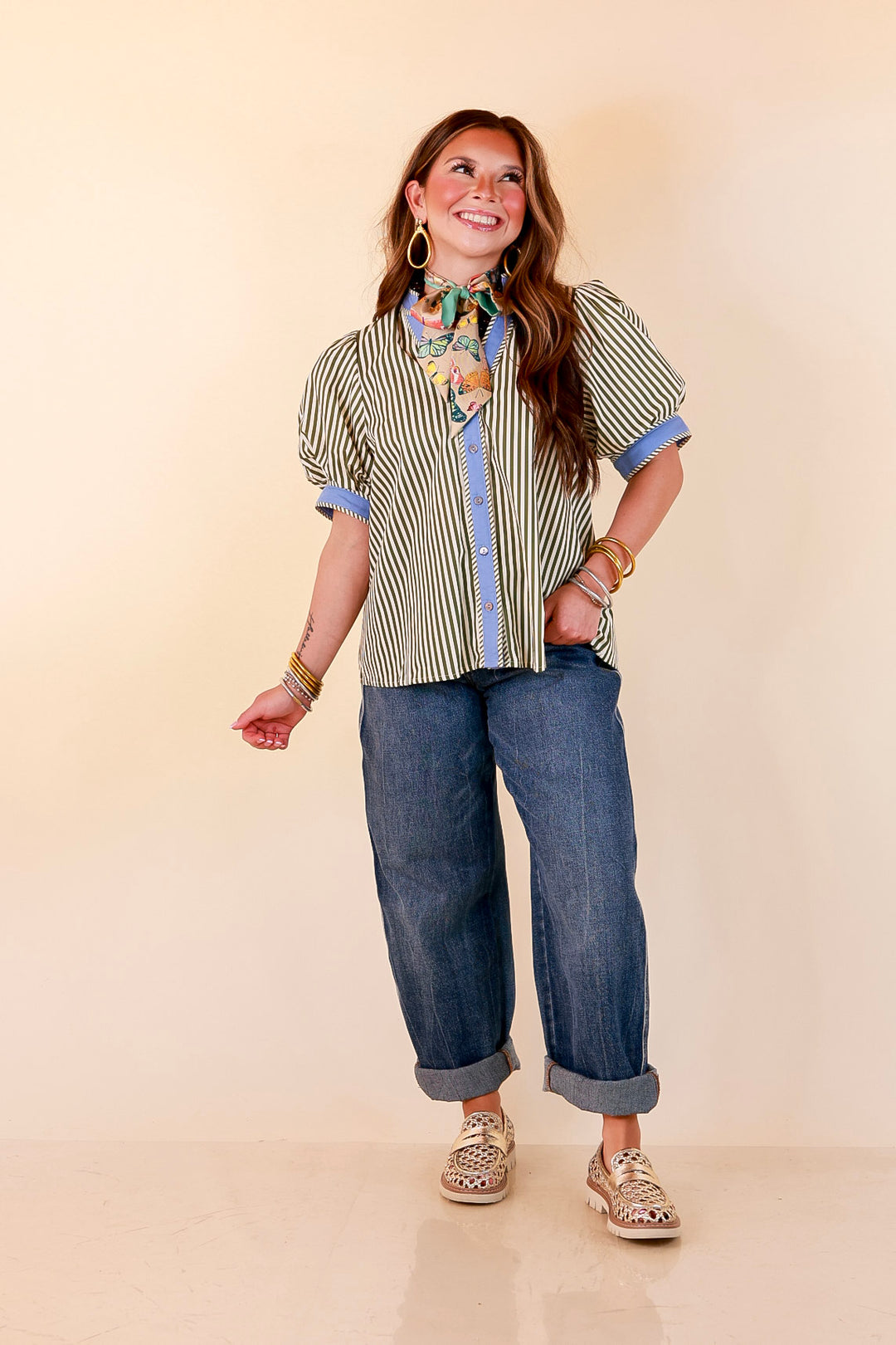 Pop of Polish Short Puff Sleeve Button Front Top with Contrast Trim in White, Olive Green and Periwinkle Blue