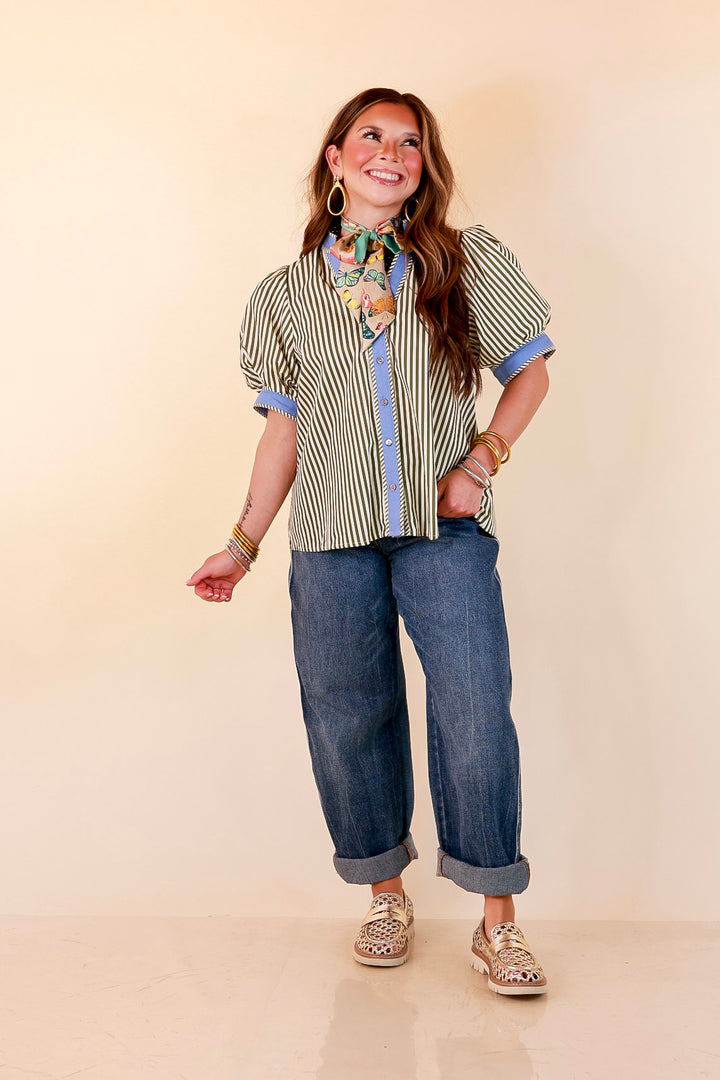 Pop of Polish Short Puff Sleeve Button Front Top with Contrast Trim in White, Olive Green and Periwinkle Blue