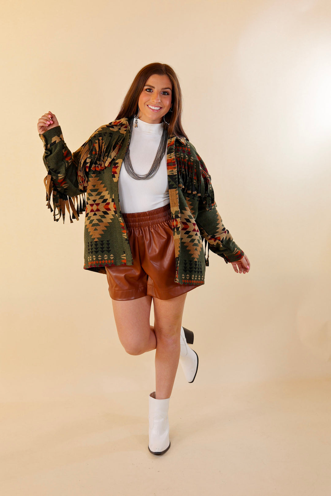 Take Over Aztec Print Button Up Jacket with Fringe in Olive Green - Giddy Up Glamour Boutique
