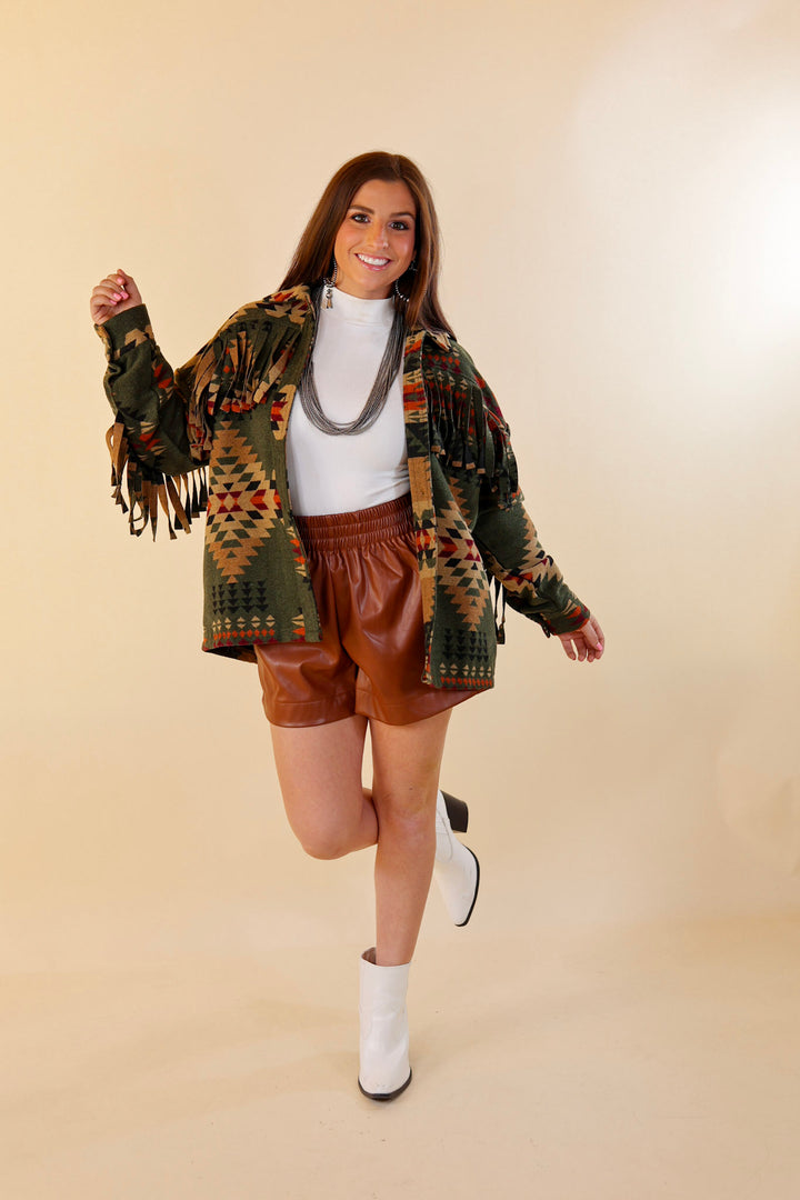 Take Over Aztec Print Button Up Jacket with Fringe in Olive Green - Giddy Up Glamour Boutique