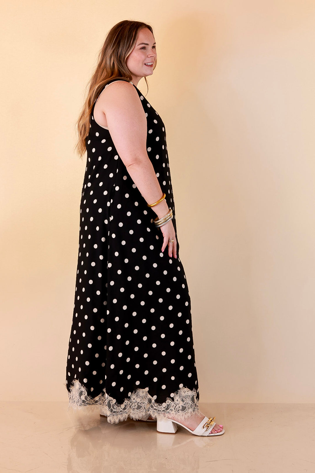 Sweet Little Something Polka Dot Sleeveless Maxi Dress with Lace Trim in Black