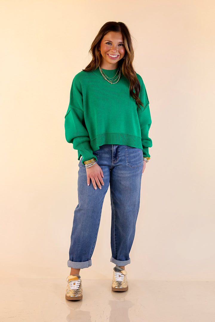 Fireside Fit Cropped Long Sleeve Mock Neck Sweater in Kelly Green