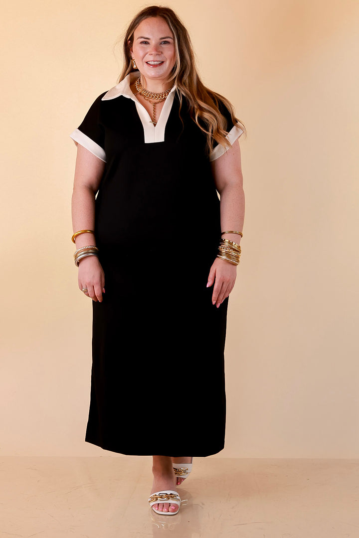 Park Avenue Solid Short Sleeve Knit Midi Dress with Ivory Trim in Black