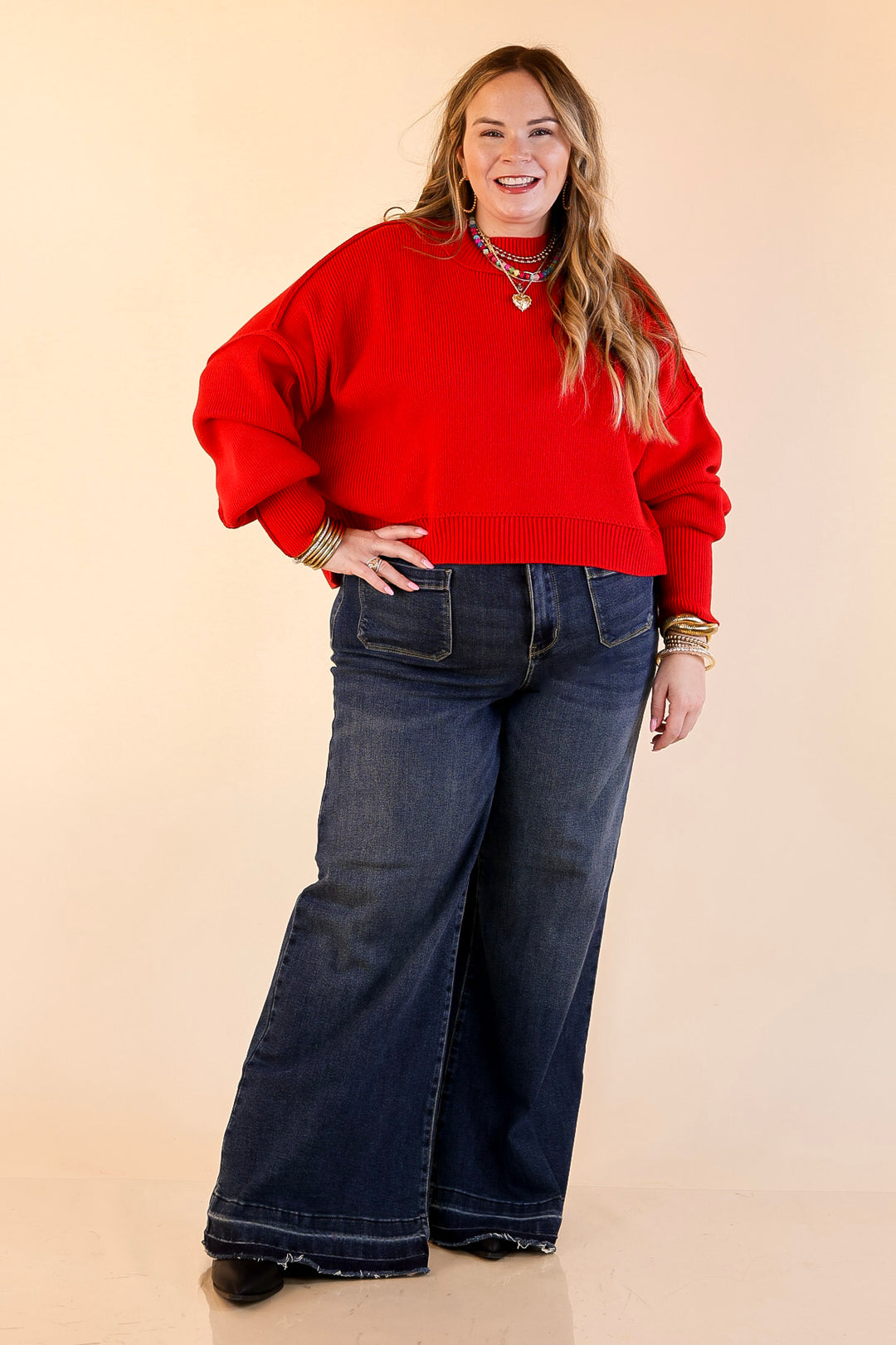 Fireside Fit Cropped Long Sleeve Mock Neck Sweater in Red