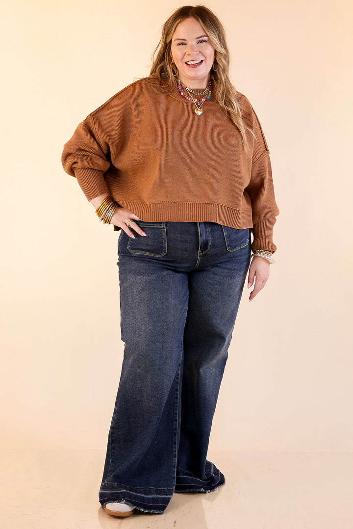 Fireside Fit Cropped Long Sleeve Mock Neck Sweater in Camel Brown