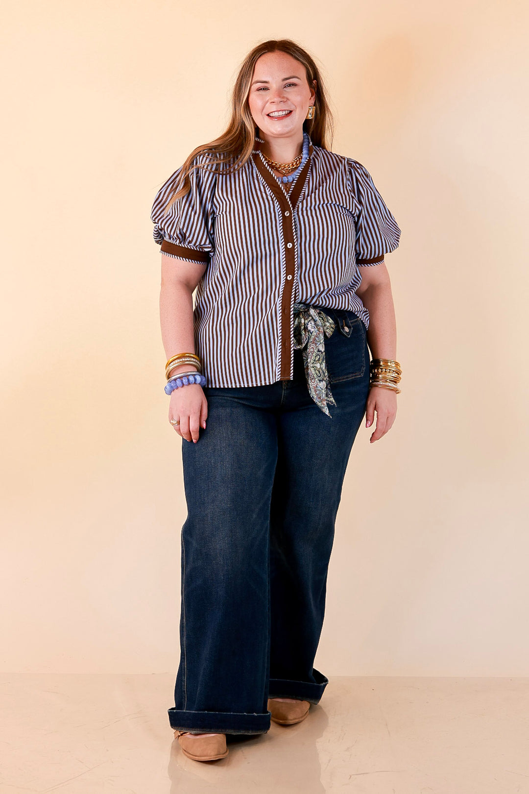 Pop of Polish Short Puff Sleeve Button Front Top with Contrast Trim in Blue and Brown